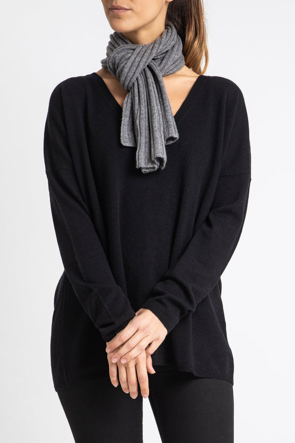 Sonya Hopkins 100% pure cashmere rib scarf in charcoal marle grey