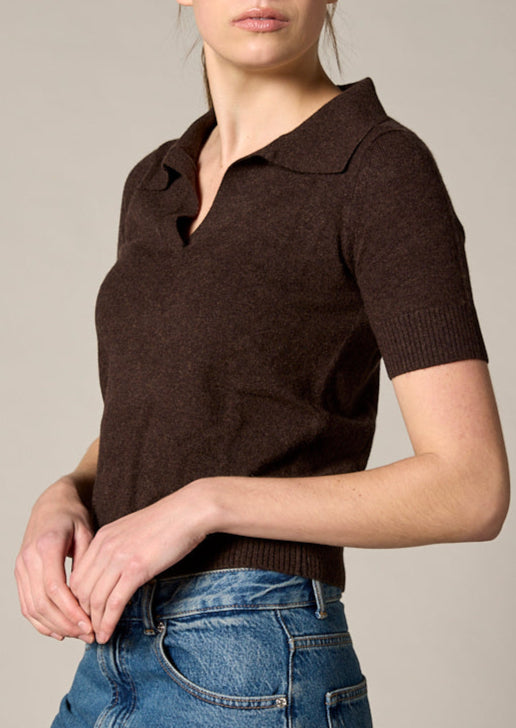 Sonya Hopkins Sydney 100% cashmere polo knit in dark marle brown