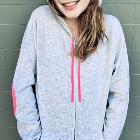 Cashmere Kids Hoody in Pale Marle Grey with Neon Pink - sonyahopkins.com