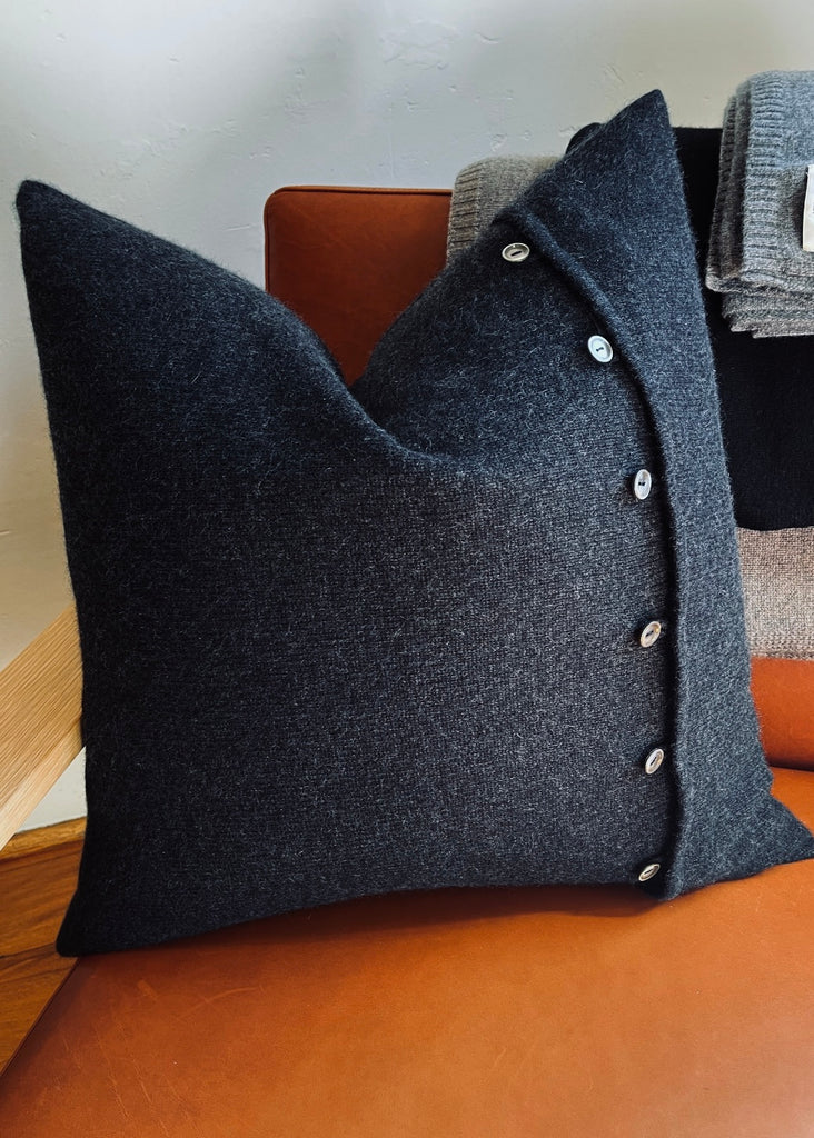 Sonya Hopkins x home 100% pure cashmere knit cushion in dark charcoal marle grey