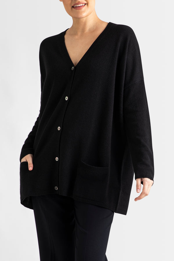 Sonya Hopkins 100% cashmere 'cosy cardi' is a boxy & oversized relaxed cardigan in black
