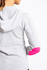 Sonya Hopkins 100% pure cashmere women's hoody in pale marle grey + neon pink elbow patch & tie