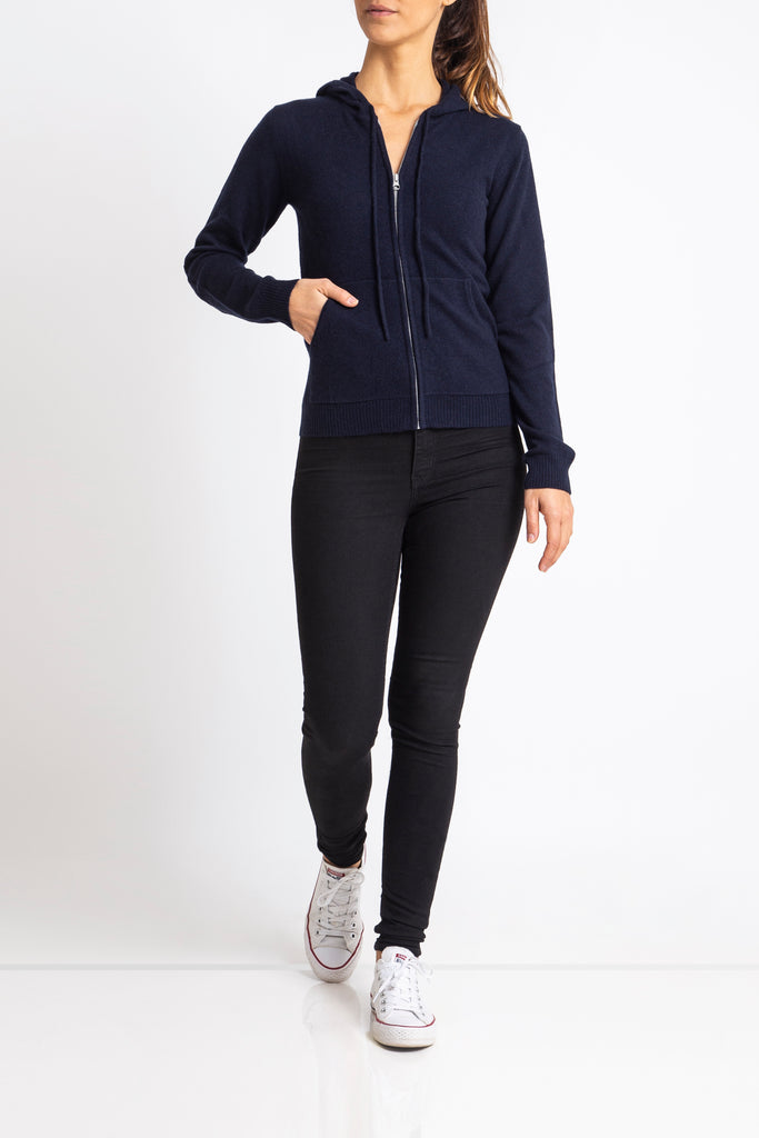 Sonya Hopkins 100% pure cashmere women's hoody in dark navy