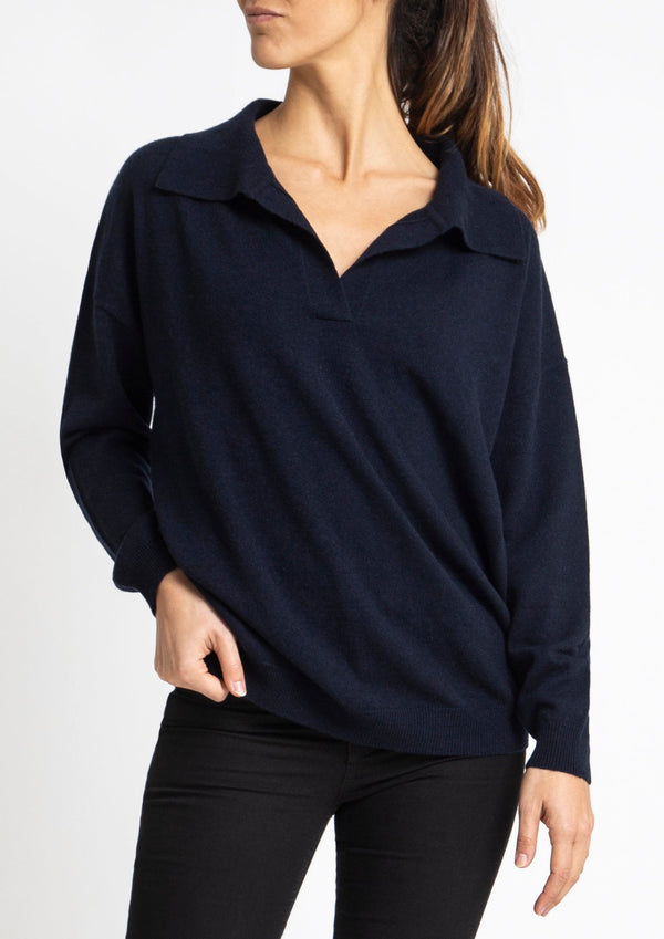 Sonya Hopkins 100% cashmere relaxed fit polo knit in dark navy or ink