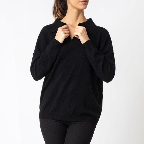Sonya Hopkins 100% cashmere relaxed fit polo knit in black
