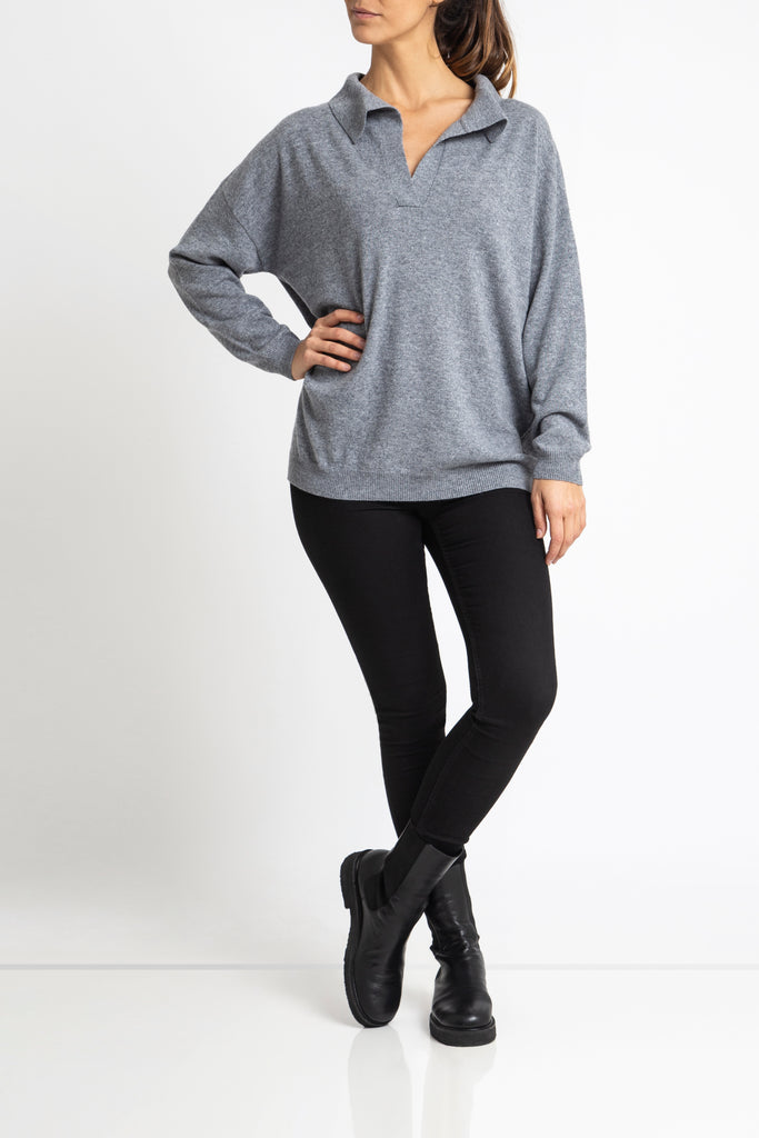 Sonya Hopkins 100% cashmere relaxed fit polo knit in charcoal marle grey