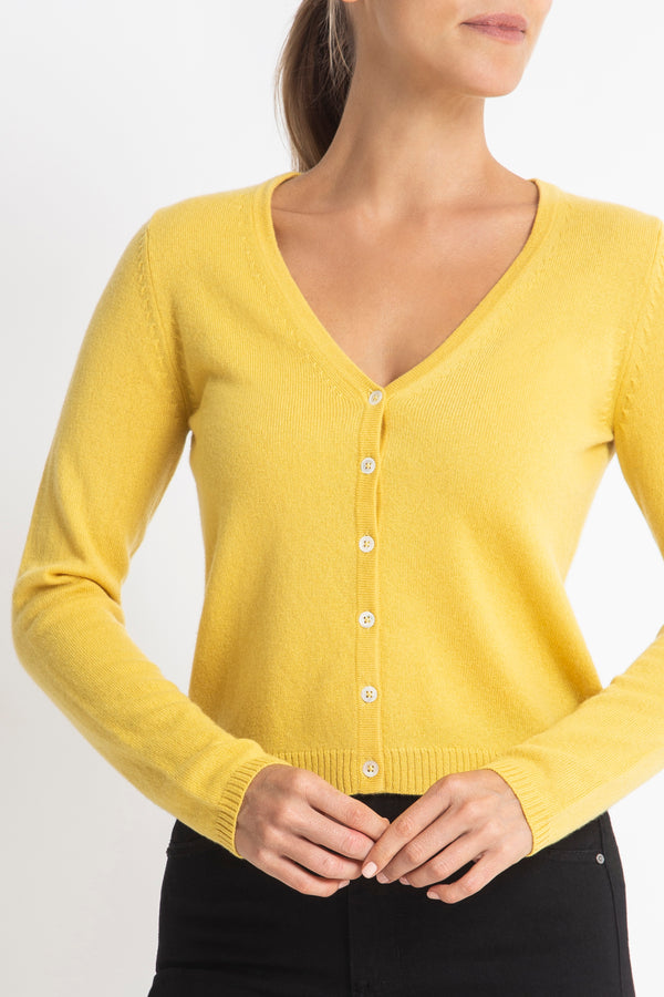 Sonya Hopkins pure cashmere v neck cardigan in buttercup yellow