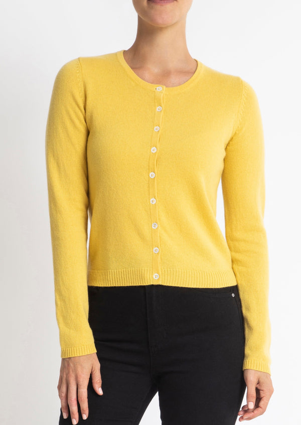 Sonya Hopkins 100% pure cashmere crew cardigan in buttercup yellow
