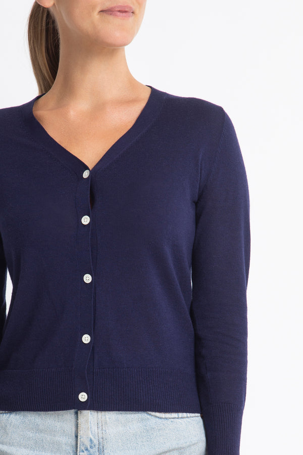Sonya Hopkins 95% cotton 5% cashmere Superfine v-neck cardigan in royal blue