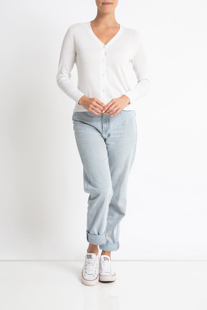 Sonya Hopkins 95% cotton 5% cashmere superfine v-neck cardigan in white