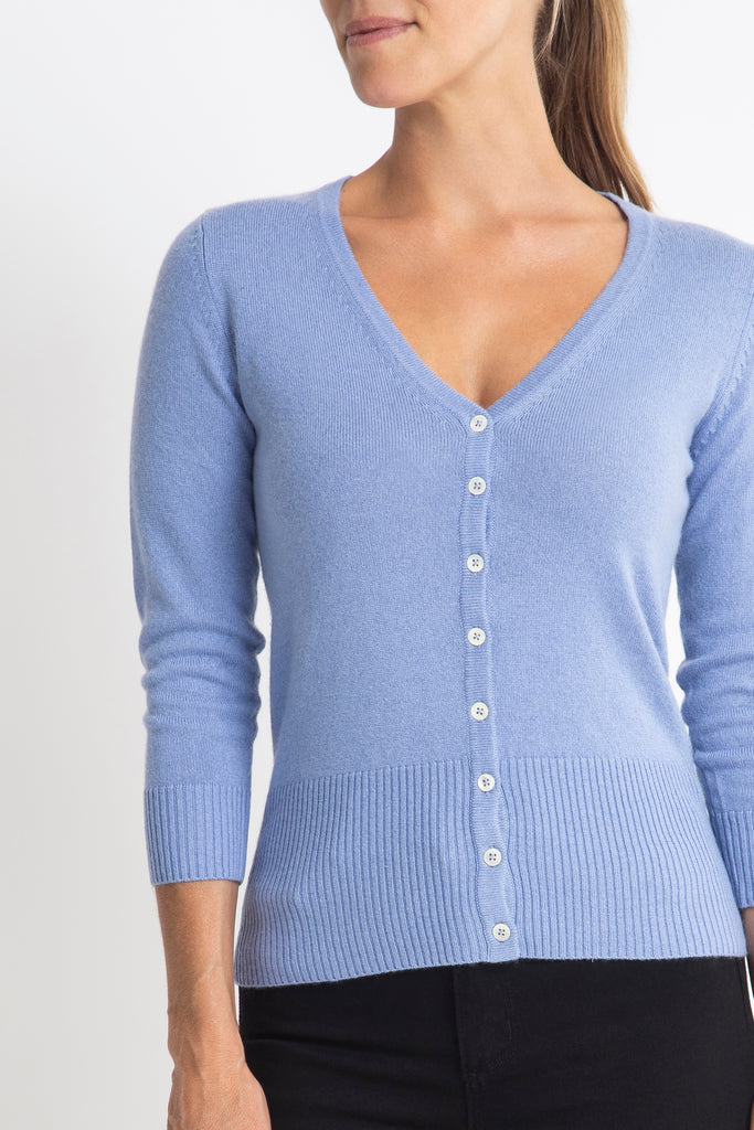 Sonya Hopkins 55% silk 45% cashmere v-neck cardigan in blue