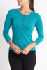 Sonya Hopkins 55% silk 45% cashmere crew cardigan in turquoise